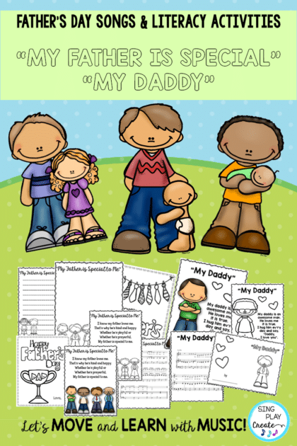 Father's Day  songs and Literacy Activities to honor and show respect to Dads, Fathers, and grandpa's everywhere. Cards, coloring, writing, songs for children. 