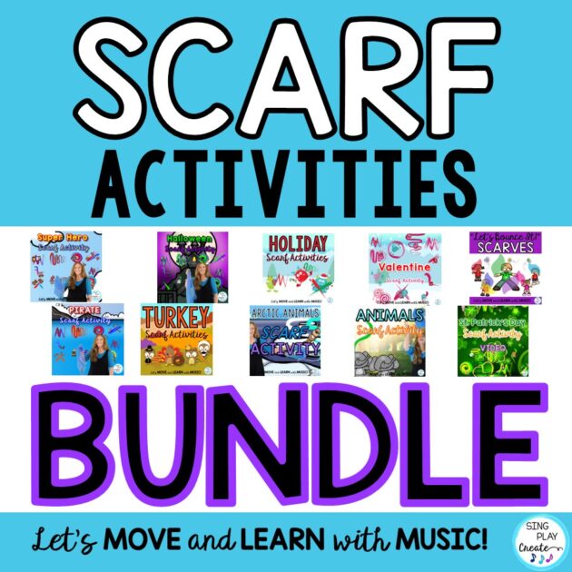 Scarf activities for each month of the school year! (Edition 2) Our computer friendly students, active students, music and PE students need movement activities with scarves. Each of these resources has a video too! You can interact and manage your students easily using the video, presentation and flash card activities. Everything you need is in this BUNDLE of Scarf Activities using Directional and Movements. Videos and Slides.
