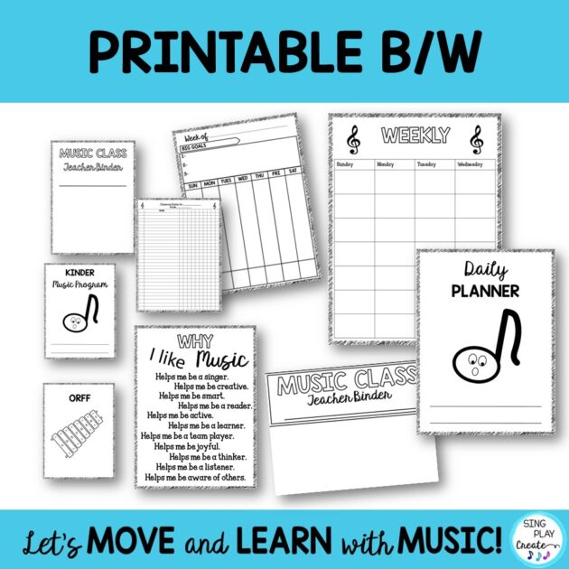 A simple yet effective elementary music teacher planner. Music Teachers can now spend their time teaching! Easy to use and simple planner in color and black and white with day, week, month, quarter, year planning pages, lesson plans, goals, dreams, materials, concerts, posters thank you cards and and much more all at your fingertips to make your teacher life easier.