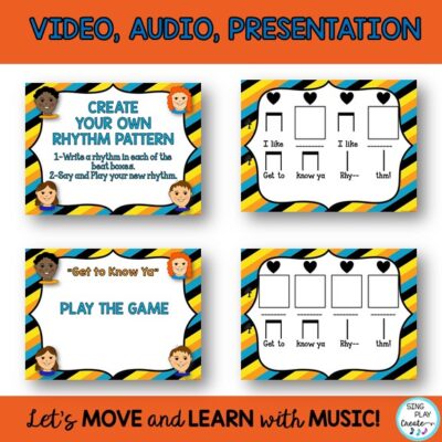 Play a fun Rhythm Game with your upper elementary music students on the first day back to school or after a break. The chant, activities and printables work well for grades 3-8. Smart Board Graphics now included.