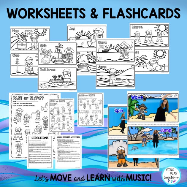 Pirate FREEZE DANCE & Dynamics Lesson, Brain Break, Movement Activity.  This resource is packed with materials you can use to teach the Freeze Dance activity, Music Dynamics, and Action Verbs. Not only will your students have an amazing time doing the FREEZE DANCE actions, but they’ll also love the coloring sheets, games and activities the help them connect movement with concepts. Materials include, video, power point, flash cards, worksheets, games, activities, lesson plans and teaching steps.