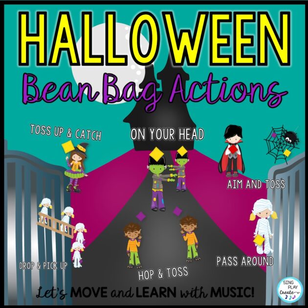 Toss a bean bag now? Sure! TOSS and CATCH activities help students with eye hand coordination, fine motor skills and gross motor skills and help them transition, or take a break.  Use these fun Halloween Bean Bag Activities during your Halloween music activities.