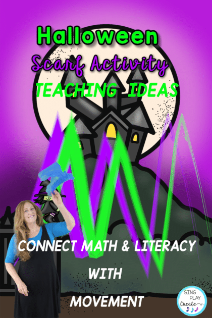 Let’s make a sweet witches brew filled with Scarf and Music activities for preschool, Kindergarten, First, Second and Third Graders!  
Why not use the scarf activities to teach High/Low, Fast/Slow, Expression and Directional words?
Read this post to get activity ideas on how you can use scarf activities to connect learning other music elements.

