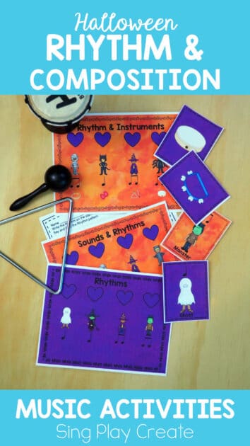 Halloween Rhythm activities to say, play, create spooky rhythms for Kindergarten -2nd grades. Tons of Halloween instrument fun to reinforce, teach, practice, assess your students with activities that teach Rhythm, Sounds on the Beat, Playing with instruments and improvisation opportunities. Lot's of variety in the activities to reach all learners too. Make Halloween a learning time in your elementary music classroom. Best for grades K-2