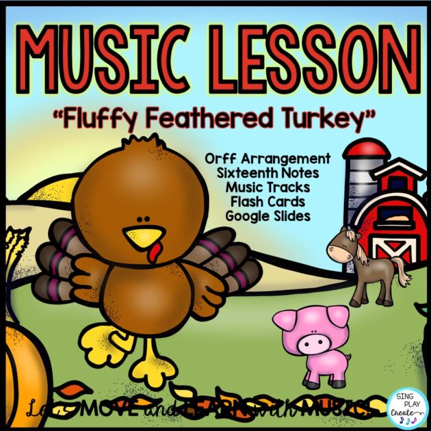 Upper elementary music students are going to gobble up this fun Orff song/chant to teach and practice sixteenth notes. Can’t sing in class? That’s okay! You can use the Orff arrangement for students to play instruments. Chant the song using the rhythmic notation. Save the singing for next year! This is a complete music lesson with extension activities to use the song to teach more music concepts. Your students can find out where the “Fluffy Feathered Turkey” goes to escape Thanksgiving Day.
