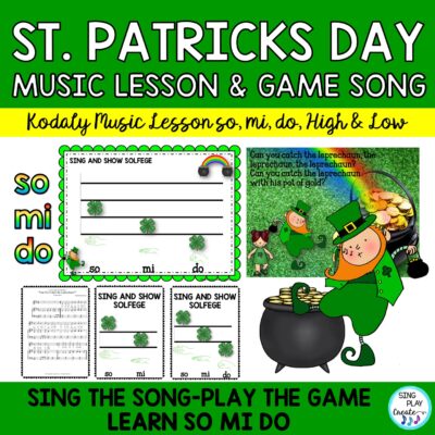 Music class St. Patrick's Game song with scarves and props will have students dancing, singing and learning during this fun Kodaly based game song. "CAN YOU CATCH THE LEPRECHAUN". The Games comes in two different levels (so-mi) (so-mi-do) so that you can adapt it for Preschool through third graders.