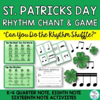 Elementary music class chant, dance, game and rhythm lesson for St. Patrick's Day with a dance, chant, and rhythm activities . Lot's of teaching and learning opportunities for students to tap rhythms, move to the beat and play rhythm games. Engaging and easy to use in your music classroom during March. Includes Presentation, Flash Cards, Worksheets (Level 3 Sixteenth Notes).