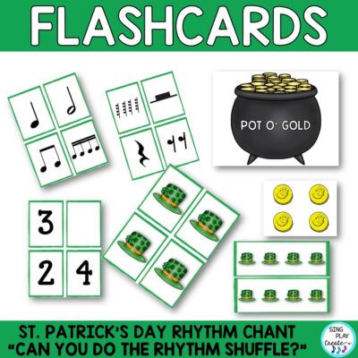 Elementary music class chant, dance, game and rhythm lesson for St. Patrick's Day with a dance, chant, and rhythm activities . Lot's of teaching and learning opportunities for students to tap rhythms, move to the beat and play rhythm games. Engaging and easy to use in your music classroom during March. Includes Presentation, Flash Cards, Worksheets (Level 3 Sixteenth Notes).