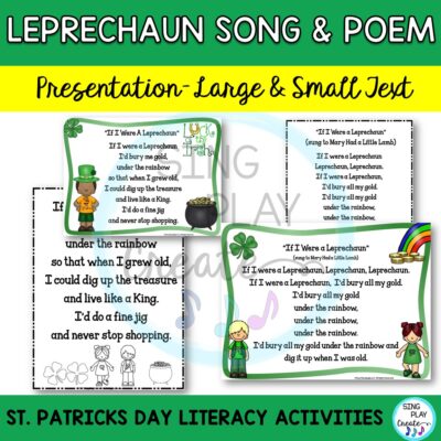 St. Patrick's Day Poem and Game with writing activities for PreK-Kindergarten and First Grade St. Patrick's Day Literacy activities. Sing the song, read the poem, write, play the games and finish off your week with a craftivity to support ELA learning goals. Activities for PreK ,Kindergarten & First Grades