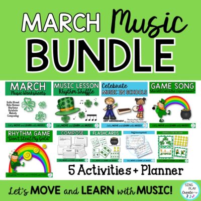 Elementary Music classes in March are the perfect time to celebrate MIOSM, play a St. Patrick’s Day Game Song, Review rhythms and note values by playing a crazy music notation and symbol game, Do a rhythm dance, and make music by playing orff instruments.