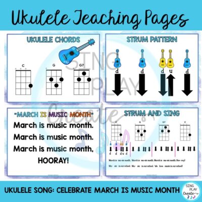 Celebrate MIOSM singing and playing an original song for ukulele. "March is Music Month" is a two chord song and easy to learn. I use this resource with upper elementary music classes. I print the sheet music and students can work in small groups to learn the song. After students learn the song, they perform it for other classes. Makes a nice "informance" piece to celebrate music in our schools.