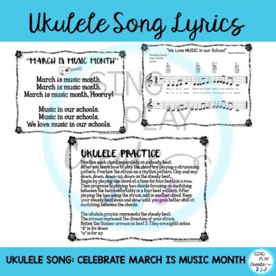 Celebrate MIOSM singing and playing an original song for ukulele. "March is Music Month" is a two chord song and easy to learn. I use this resource with upper elementary music classes. I print the sheet music and students can work in small groups to learn the song. After students learn the song, they perform it for other classes. Makes a nice "informance" piece to celebrate music in our schools.