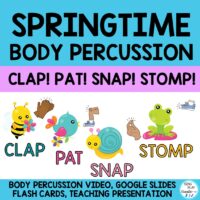 Spring Body Percussion Play Along & composing Music Lesson Activities are just what your Kindergarten and First Graders will love to do and the activities will help with spring wiggles. Students will love the cute animal characters as they CLAP, PAT, SNAP & STOMP. Patterns are STEADY BEAT (no rhythms) and vary from single action to 4 action patterns. Easy to scaffold these activities for your Kinders through 2nd graders. The google slides are easy to use in your online teaching and classroom activities. You'll get the graphics to create your own patterns. Best for K-2