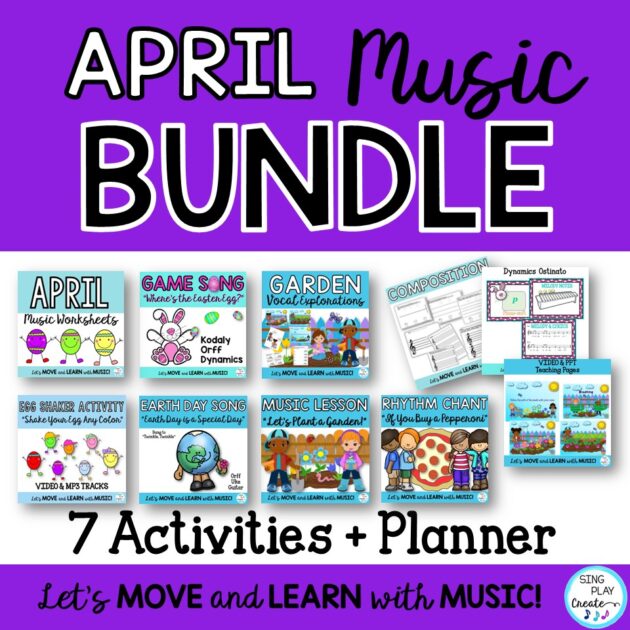 "Spring into your April elementary Music Class Lessons with Songs, Games, Activities and Worksheets for the Kodaly and Orff music classroom.

April music activities to read and play rhythms, play melody, Ostinato, learn music symbols and composing opportunities.

Egg shakers are a fun activity to do with your Kindergarten music students during the month of April.

 Interactive music lessons with animated vocal explorations, Orff  songs with sheet music and teaching pages, movement activity using shakers. Learning and Fun for grades K-6"