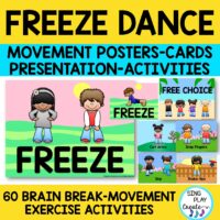 Freeze Dance movement posters and cards for music, P.E. classroom and home movement break activities. Dance and Freeze fun!