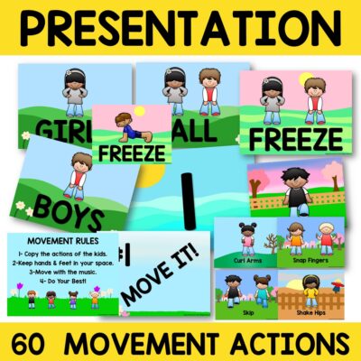 Freeze Dance movement posters and cards for music, P.E. classroom and home movement break activities. Dance and Freeze fun!