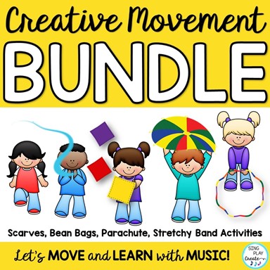 Music and movement. PE! Preschool! Classroom! Virtual! At Home! Movement Activity Songs, Directions, Posters, Games & Activities to get your students moving and learning with Freeze Dance Movements, Scarves, Bean Bags, Stretchy Bands and Parachutes. Perfect for Music, PE, Preschool and Special Needs. Activities can be adapted for Preschool up to Grade 6.