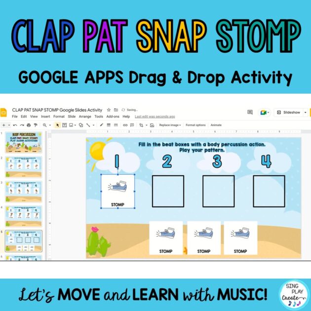 Music Lesson "Clap-Pat-Snap-Stomp" Body Percussion Activities, Flash Cards K-3