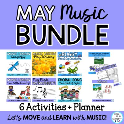 Elementary Music May Music Lesson BUNDLE of K-6 music activities is filled with fun Orff & Kodaly lessons, Game songs, Music program songs, Movement activities, Garden Vocal Explorations and Notation worksheets. It's time to "get buggy" with fun spring activities to help students learn solfege so mi do la, music symbols, sing, play and compose. K-5 applications
