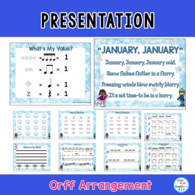 Bring on the winter fun in Music class with this elementary January music lesson with an original song “January, January”. Diverse set of activities to teach do, mi, so, la and sixteenth note rhythms as well an an ORFF arrangement with 2 Ostinati. Kodaly elements in this lesson will get students singing, signing solfege too! Sing the song, and have students playing instruments right away. Vocal and Karaoke tracks for easy teaching.
