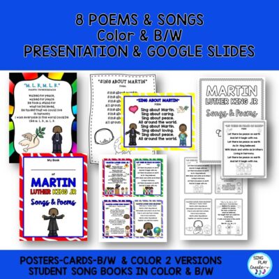 Martin Luther King Jr. Literacy Songs, Poems, Readers Theater and writing templates and activities to help your students learn about Kindness, Respect and Martin Luther King Jr. Sing the songs using the googles slides presentation and the activities in your literacy centers/stations. Learn through these songs, poems, readers theater and writing activities in your literacy circles, centers and circle time activities. Two Versions for K-2 and 3-5 easily adaptable.
