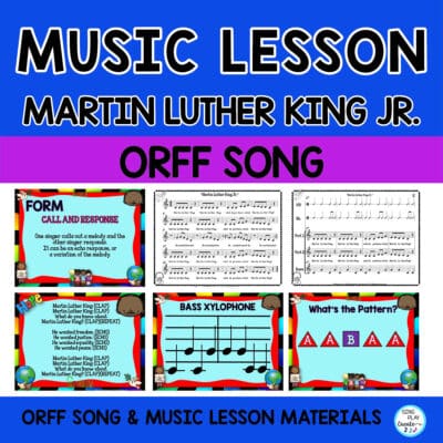 Help students learn about Martin Luther King Jr. using this original song and music lesson with Call and Response singing and an Orff instrumentation too. Sing, Play, learn about notes, Form and Martin Luther King Jr. using this catchy Orff arrangement and lesson resource. Mp3 Vocal and Karaoke Tracks.