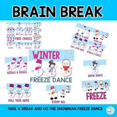 Winter Freeze Dance google slides, presentation and flash cards for Music, P.E. exercise, any classroom and age. Take a Brain Break with fun winter snowman.  Get your wiggle and giggle on then FREEZE!