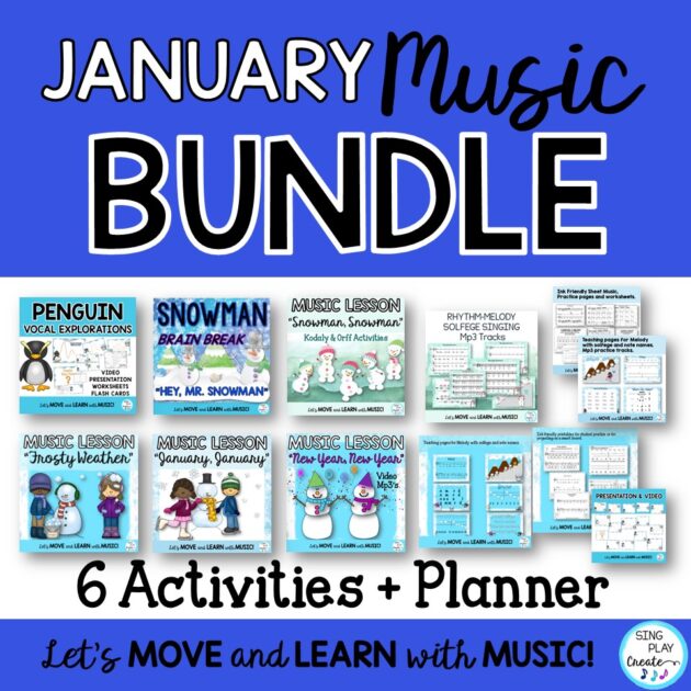 "Don't feel snowed under in January!  Get the winter music lesson bundle with interactive activities for your K-6 elementary music classes.

 You can easily get all of your elementary music lessons and activities for K-6 grade levels in this winter themed music lesson packet.  

Sing and play your way easily through January Music Class with this 305 page bundle of Kodaly and Orff lessons, songs, games, activities and worksheets. Original and Fun with Video, Animations, Vocal and Karaoke Mp3 tracks now included with the songs for easy teaching. K-6!"