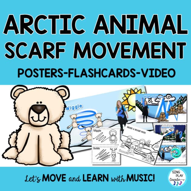It's time for Arctic Animal Scarf Activities! Adorable arctic animals are waving and swooshing their scarves around to help students move, burn energy, stay focused and get some exercise in during your classes. It's so convenient to have your own video with the actions and music you can use anytime. Consider using this resource in your Preschool and Kindergarten Music, P.E. and regular classes for a scarf activity, brain break or creative movement time. The actions are directional words and students will love coloring the action words and tracing the scarf paths.