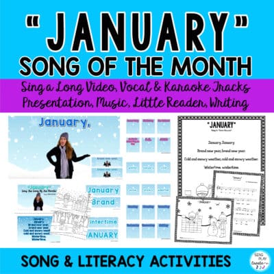 January song of the month with some fresh ways to read and sing in your classroom during morning meetings or literacy time. ""January"" is the song or poem of the month sung to the tune of ""Frere Jacques"" with materials to sing along with the video, learn the actions and read the lyrics. Use the JANUARY pocket chart cards to teach the lyrics, key winter vocabulary, days of the week, and special days in January. Students will love coloring the winter scene and reading the poem to their parents. There are many materials in this resource to make learning the song/poem fun for your students.