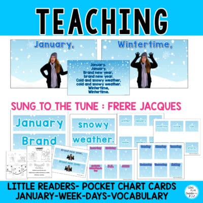 January song of the month with some fresh ways to read and sing in your classroom during morning meetings or literacy time. ""January"" is the song or poem of the month sung to the tune of ""Frere Jacques"" with materials to sing along with the video, learn the actions and read the lyrics. Use the JANUARY pocket chart cards to teach the lyrics, key winter vocabulary, days of the week, and special days in January. Students will love coloring the winter scene and reading the poem to their parents. There are many materials in this resource to make learning the song/poem fun for your students.