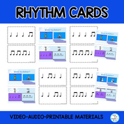 Winter Rhythm Game for Elementary music teachers can help their students practice rhythms during the cold winter months.  WINTER RHYTHM Game "Would You Rather?" is an Interactive and engaging beginning level rhythm game for younger students learning quarter notes and joined eighth notes. (ta and ti-ti) The narrator will give the directions and ask the questions. Students will choose their answer and then play the rhythm that matches their answer during the music. Sing Play Create