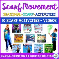 Scarf activities for each month of the school year! (Edition 2) Everything you need to help students move in multi Directional Movements. PREK-3