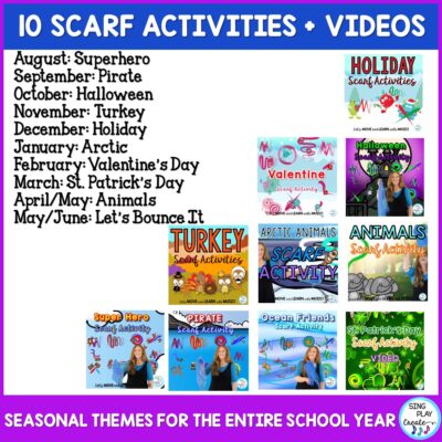 Scarf activities for each month of the school year! (Edition 2) Everything you need to help students move in multi Directional Movements. PREK-3