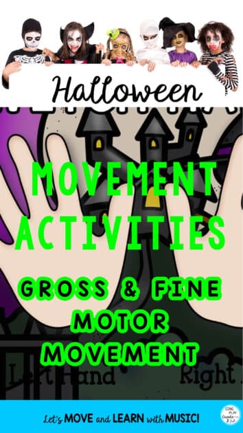 Halloween movement activities are the perfect recipe for this time of year at home or at school. Let's exercise those gross motor muscles, add in some cross body movement actions and move to music this Halloween to keep spirits high and little creatures happy! 
Little fingers can get a workout too! Activities included in this post will have them holding a scarf and waving it around. Be sure to have them switch hands so that both of them get an equal workout!
You'll want to help your children find some personal space and be ready to move, so get a drink of water, take a bathroom break and be ready to move.
Looking for some classroom management tips to use during Halloween time? This blog post has some helpful tips for you.