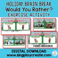 "Would You Rather" holiday version, is a fun P.E., Fitness, Brain Break and Movement activity. "Would You Rather" activities are where students answer a question by doing an action. They perform a physical activity like "hop", "clap", "jog", "jump" or "glide". There are coloring sheets for each action verb too! The video includes a vocal recording of the directions and the questions and music tracks for the actions. This is an activity that you can put on a screen and students can do without teacher help. Perfect for a SUB TUB. In this Holiday version, the questions are about Christmas things but not religious.