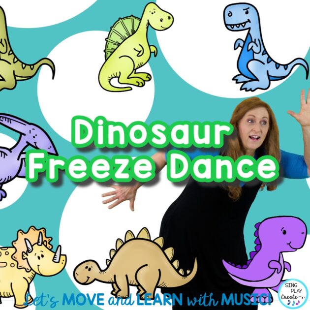 Dino Freeze Dance activity for your Preschool through 3rd grade students. Whether in music class, P.E., or other classes, students love to FREEZE DANCE! Movement Activities foster student engagement, listening, emotional health and brain connections as students have fun!