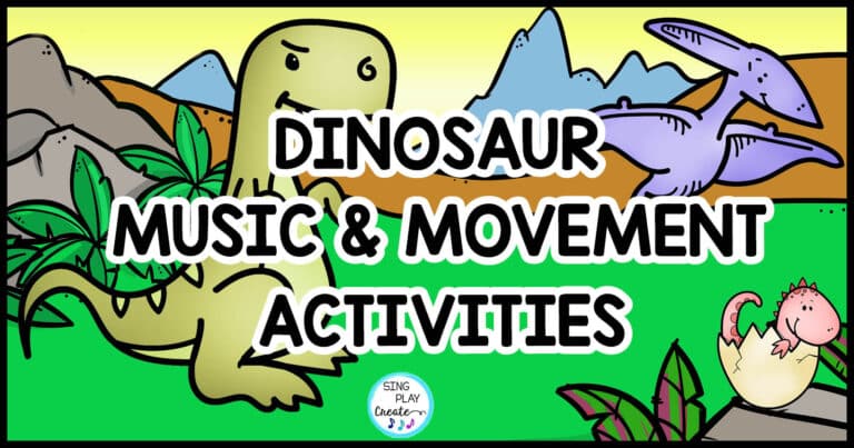 Dinosaur Songs and Activities for children ages 4-7. Sing, move, play like dinosaurs using these fun literacy and movement activities. You and I know that children love dinosaurs. So here are some Dinosaur songs and movement activities your children will love.