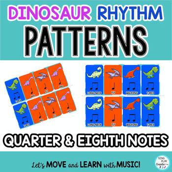 Rhythm Pattern Flash Cards Activities {Quarter & Eighth Note} Dinosaurs. Kindergarten and First Grade elementary music class DINOSAUR themed Rhythm Patterns for saying and playing BEGINNING rhythms and words. Great cross-curricular activity (reading and music) Elementary music teachers! You can have your students practice playing and saying rhythms in so many ways! Elementarymusic class stations, games, assessments and sub tubs are just some of the ways you can use these rhythm patterns in your music lessons.