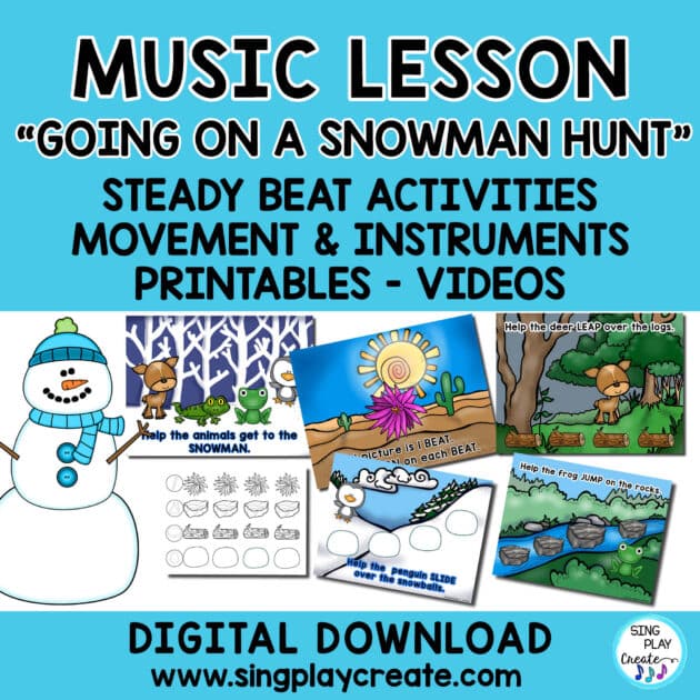 A fun winter Music and Movement Lesson for Steady Beat using the song "Going on a Snowman Hunt". Students will get to sing the song, move to the beat, and then play the beat on instruments for each adventure challenge.