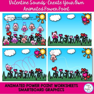 "Help students find their singing voices with the ""love bugs"" singing on vowel sounds to warm up and practice singing skills. These activities are an important part of Kindergarten and First Grade February and Valentine's Day Music Lessons. These fun and creative vocal Exploration pages will help students discover HIGH and LOW using some fun Valentine's Day Sounds. K-3 Activity Animated love bugs move in vocal paths across the screen. Helps students with vocal as well as reading skills."