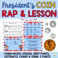 "Rap your way through February with this original 2 part Rap and Original Arrangement of “Mary Had a Little Lamb” changed to “Who is on the …….?” Learning math and music through Rhythms, Melody, Ostinato, and Bass parts. Students will learn the names of the coins and the President's names using this song, game and printables. Students will learn or review whole, half, quarter, eighth notes and quarter rest."