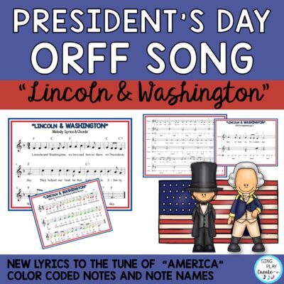 "President's Day Orff song and music lesson is Sung to the tune of ""America"", ""My Country 'tis of Thee"" This ""Lincoln and Washington"" orff arrangement will help students play the melody, bass and triangle ostinato while celebrating President's Day in Music Class. Included is a Rhythm and Notes Lesson and a Game with Music for Keyboards, Xylophones and Color Coded Instruments. Best for 3-6"