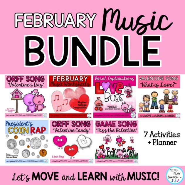 Enrich your February elementary Music classes with these original and creative music lesson resources with games, concert songs, worksheets, playing instruments using this all in one bundle for K-6 music class lessons.