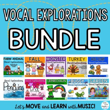 Animated Vocal Explorations for Music Class for the entire school year. Now Animated power points for students to use at Smartboards or on the computer. (Fall, Buggy, Penguin and Garden Resources currently have videos)

Themes and Lessons to help your students experiment with and explore their voices while preparing for note reading and developing singing skills, especially HIGH and LOW. Perfect for PreK- 3rd Grade.