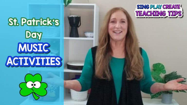 St. Patrick's Day music activities for "1-2-3 O'Leary”, an Irish and Scottish children's game song. In this post I’m sharing ways to play the game using a variety of movement props. The song is easy to learn and makes a great St. Patrick’s Day music activity.