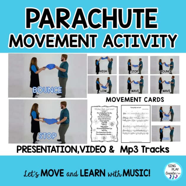Parachute Movement Song Activity for young children, "Flying High and Low" is an easy to learn parachute routine for children to learn via the video, music tracks and teaching presentation. Students will love waving, bouncing, high and low as the butterfly, honeybee and dragonfly fly through the garden. The intent is to have students experience a variety of actions of directional words that focus on high/low and responding to the music as they make brain/body connections.