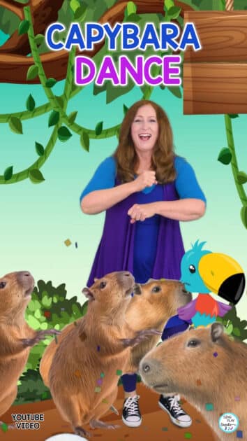 Are you ready to dance with the capybara?  It’s a great brain break for kids. Do the capybara dance in your classroom or at home. The capybara dance is an adventure song.  He surfs, he swims, he struts and dances!