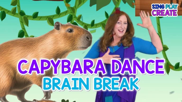 Are you ready to dance with the capybara? It’s a great brain break for kids. Do the capybara dance in your classroom or at home. The capybara dance is an adventure song. He surfs, he swims, he struts and dances!