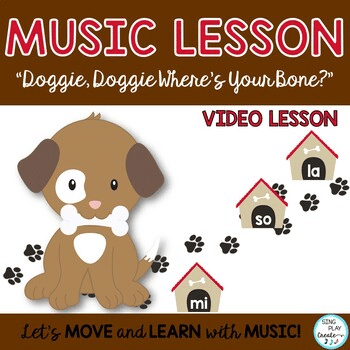 “Doggie, Doggie Where’s Your Bone?” Is a favorite Kodaly game song for elementary children. (Easily use these materials to "chant" if you can not sing.) The materials provide a variety of ways to encourage learning and practicing sol-la-mi patterns, independent singing and social skills like “taking turns”. The VIDEOS, audio and presentation files will help you give your students a variety of learning opportunities to develop beat, rhythm and pitch/melody skills. Videos are perfect for online teaching. Best for K-2.